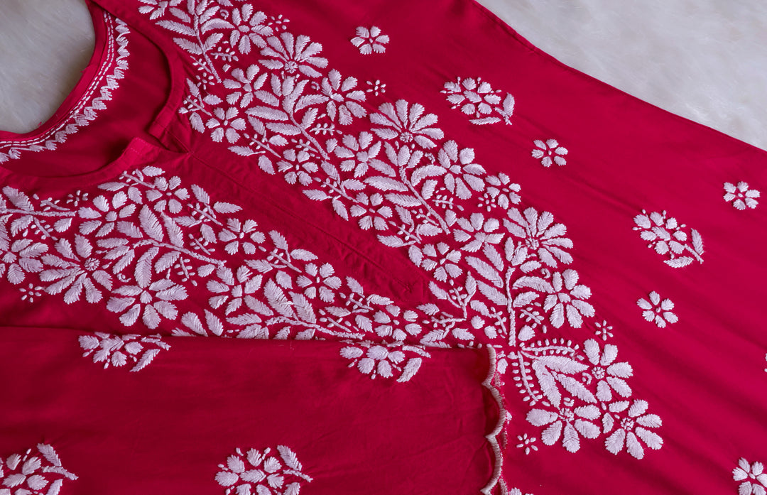 Maisha Deep Pink Scalloped Long Rayon Kurta
