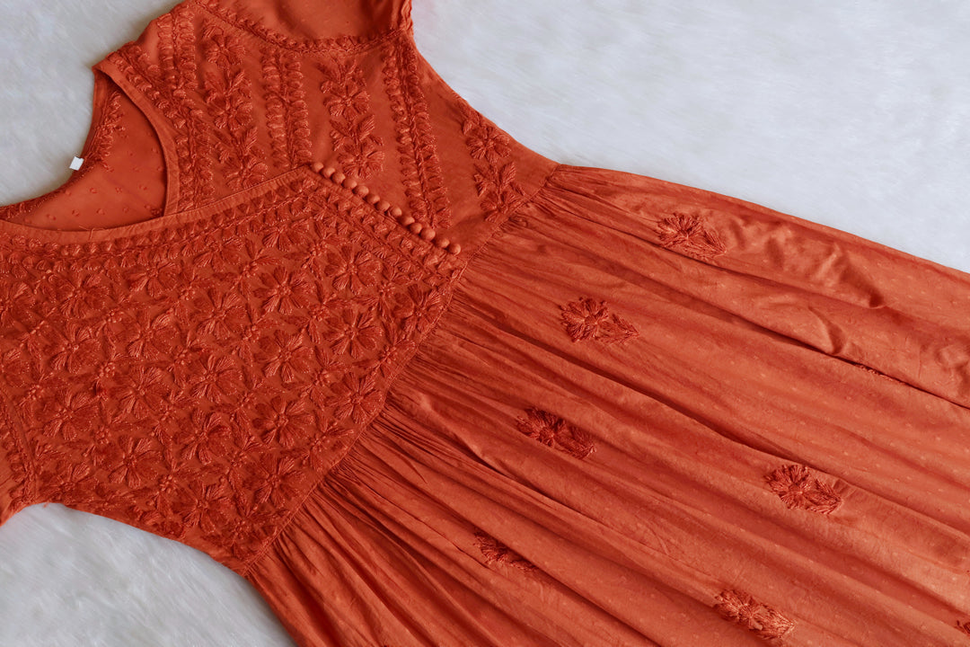 Nazakat Rust Pure Cotton Angarakha Dress
