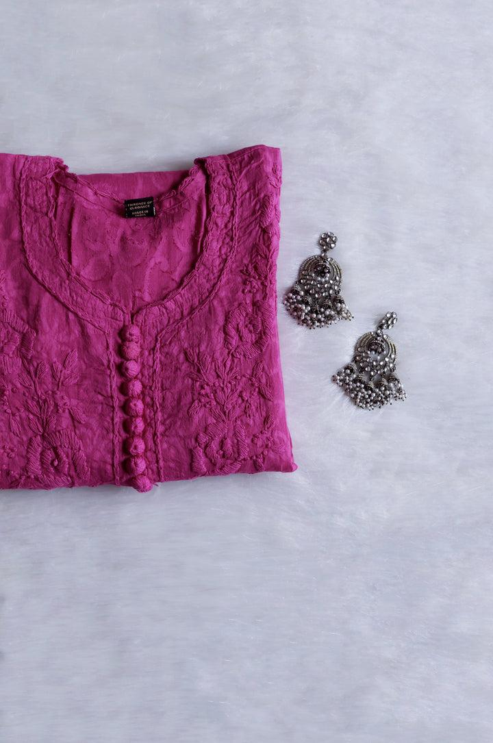 Petal Purple Long Jacquard Cotton kurta - Noor Chikankari