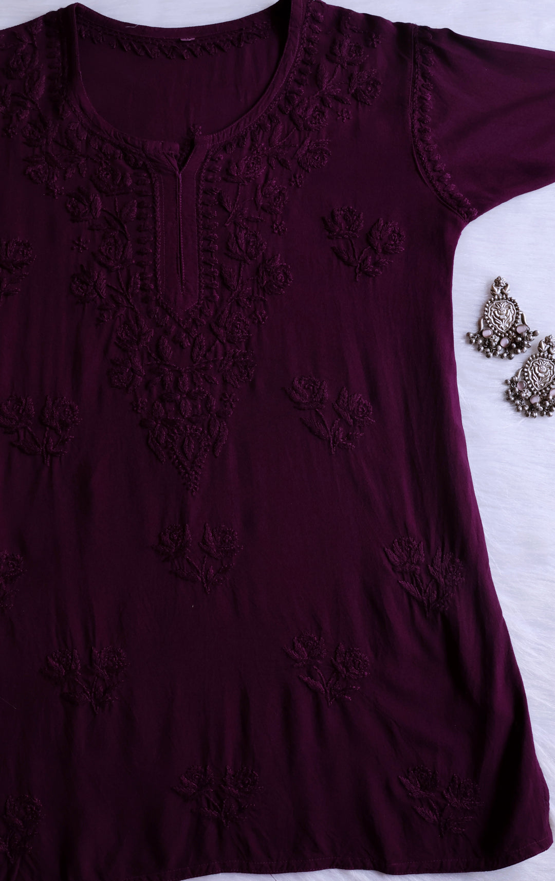 Gul Plum Short Rayon Kurta - Noor Chikankari