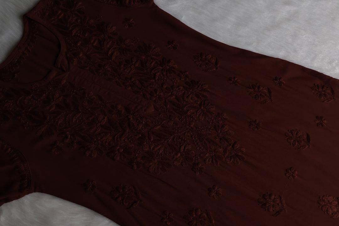 Gul Chocolate Brown Scalloped Long Rayon Kurta