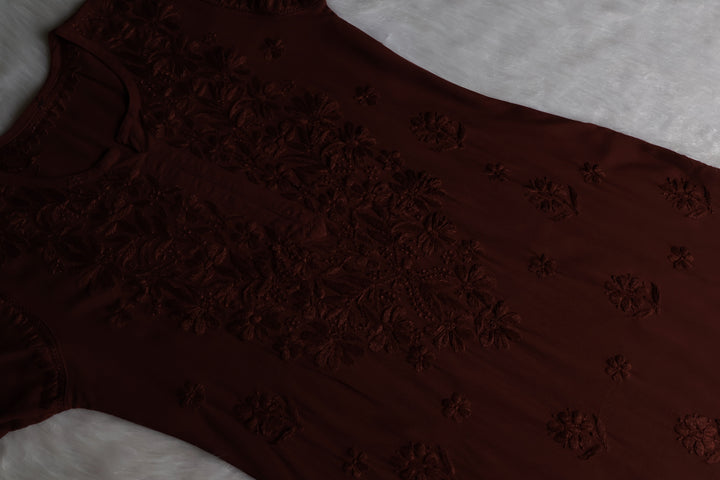 Gul Chocolate Brown Scalloped Long Rayon Kurta