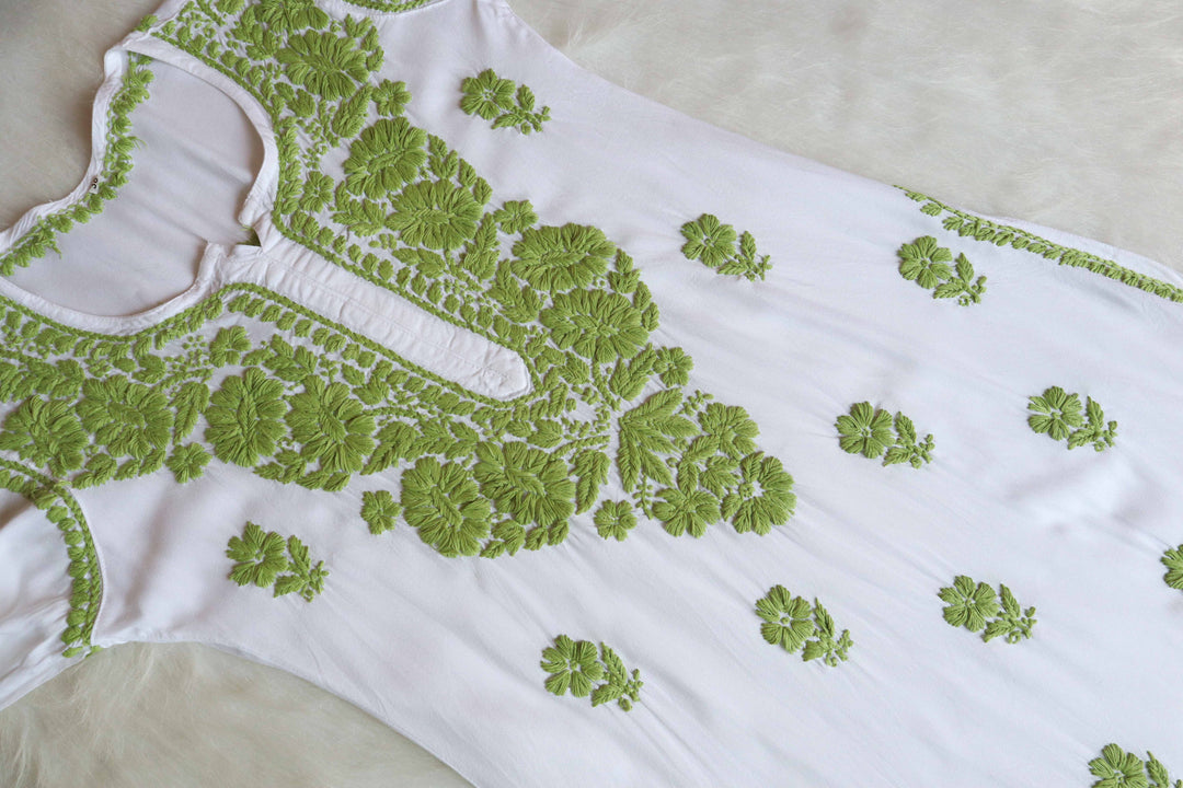 Aayat White & Lime Green Long Rayon kurta