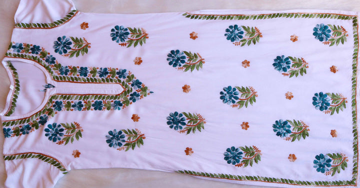 Gul-e-Jahaan White & Peacock Blue Rayon Kurta