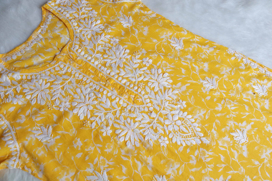 Nazakat Yellow Floral Long MulMul kurta