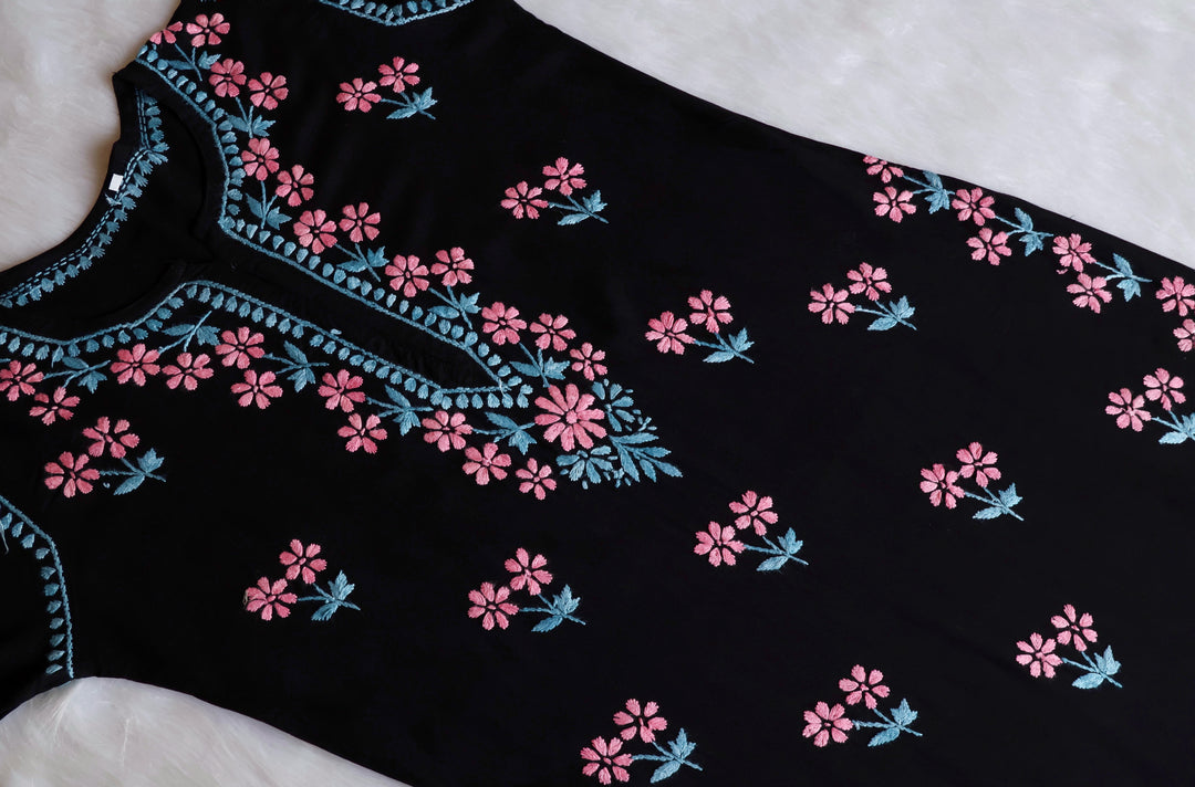 Sitara Black, Peach & Teal Rayon Kurta Set - Noor Chikankari