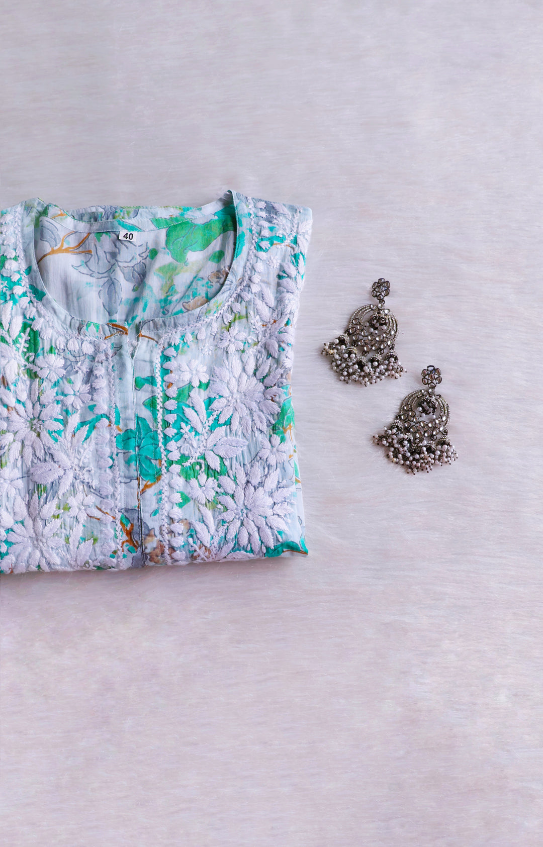 Maahgul Mint Green Floral Long MulMul kurta
