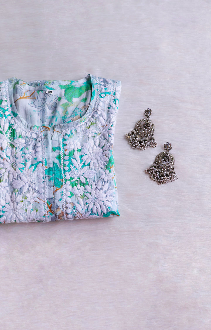Maahgul Mint Green Floral Long MulMul kurta