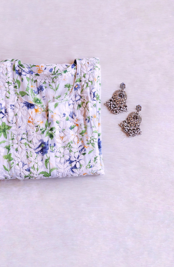 Amna White & Navy Blue Floral Long MulMul kurta