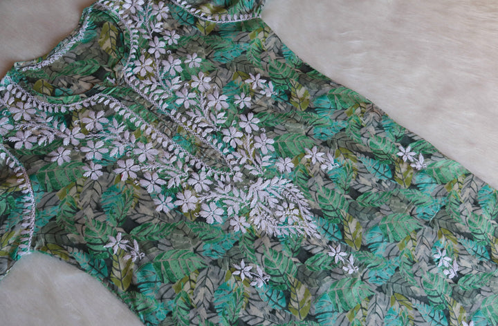 Zahra Green Floral Long MulMul kurta