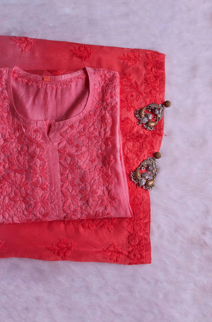 Adah Coral Pink Pure Chanderi set