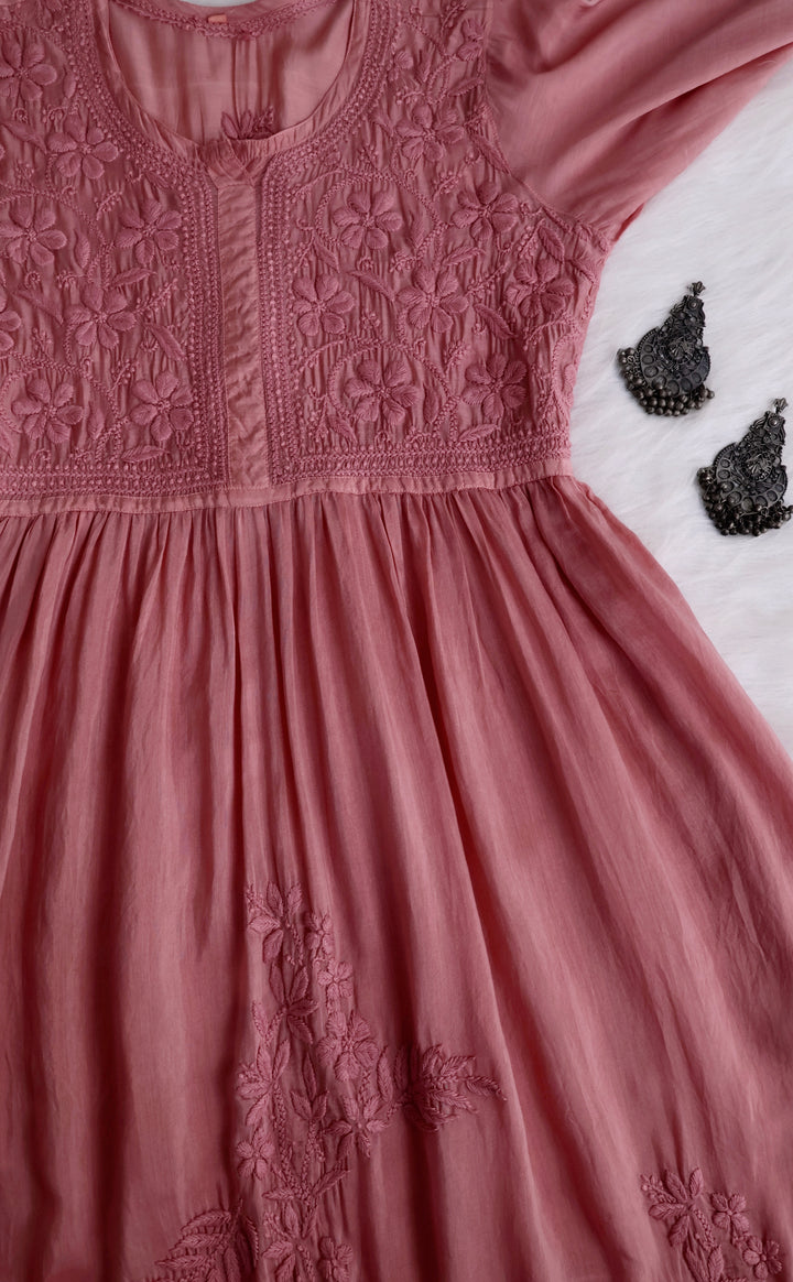 Aafiyat Pure Muslin Rose Brown Chikankari Fit and Flare dress