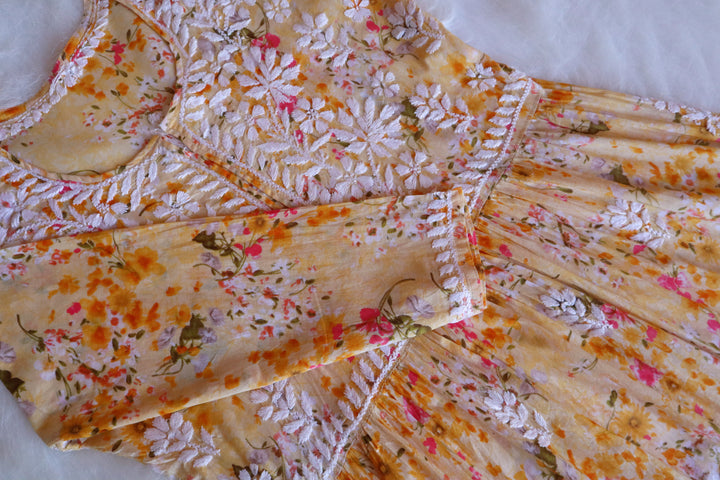 Inayah Beige & Yellow Floral Mulmul Nyra Cut Dress