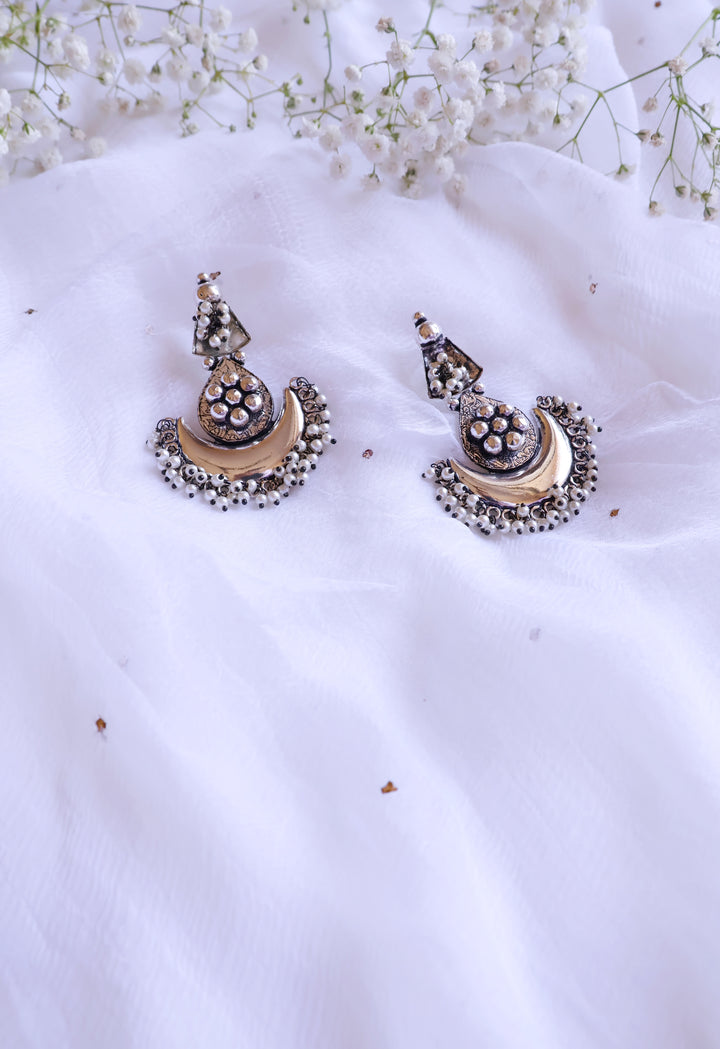 Silver Look-alike Pearl Long oxidised earrings