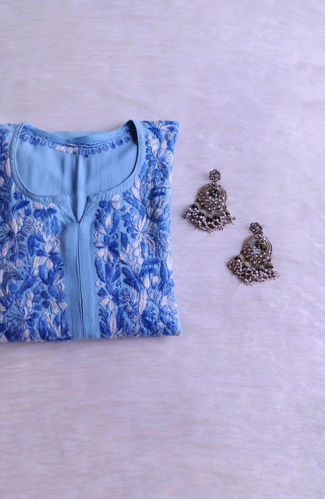 Nuresa Ice Blue Ombre Thread Long Rayon Kurta