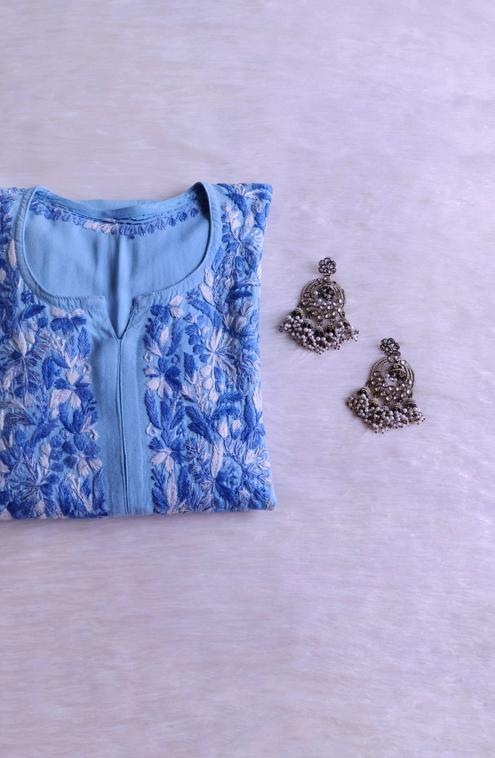 Nuresa Ice Blue Ombre Thread Long Rayon Kurta