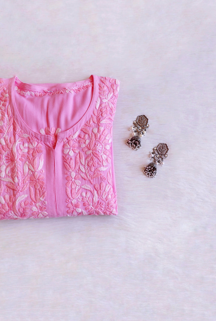 Nuresa Baby Pink Ombre Thread Long Rayon Kurta
