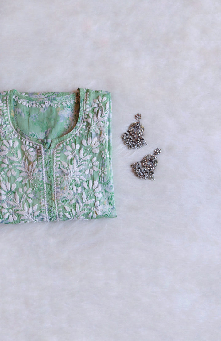 Zahra Pastel Green Floral Long MulMul kurta