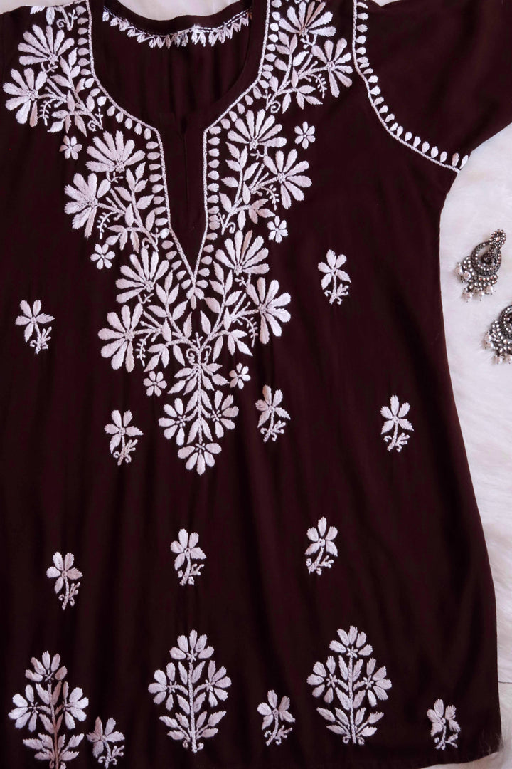 Aayat Plum Short Rayon Kurta - Noor Chikankari