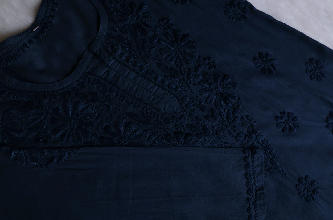 Nazakat Navy Blue Cotton short kurta