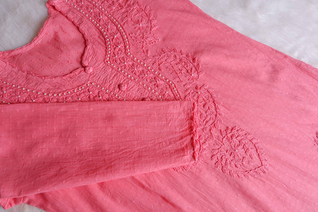 Rose Pink Long Cotton Jacquard Pearl kurta