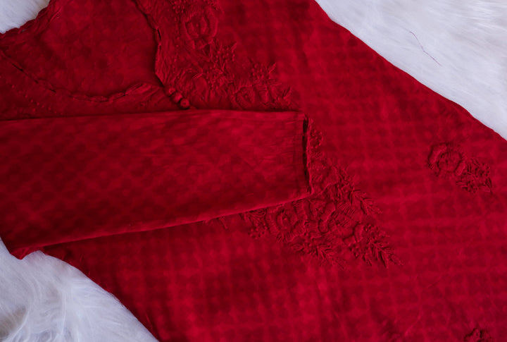 Red Long Cotton Jacquard kurta