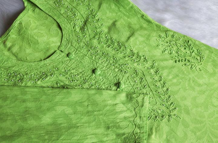Green Long Jacquard Pearl Cotton kurta