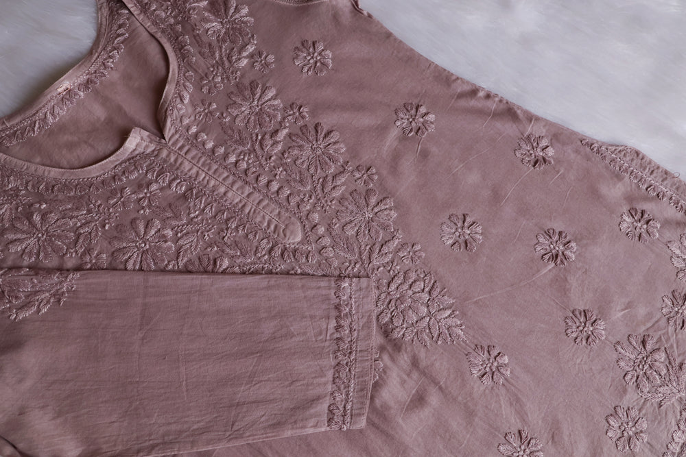 Nazakat Beige Cotton short kurta - Noor Chikankari