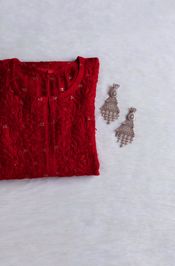 Nazakat Deep Red Premium Long Chanderi Kurta