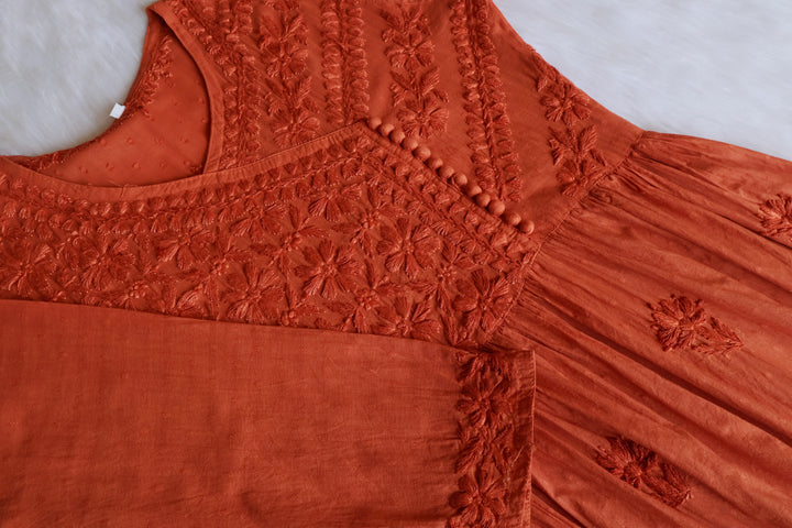 Nazakat Rust Pure Cotton Angarakha Dress