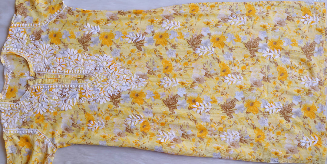 Hedaya Yellow Floral Long MulMul kurta
