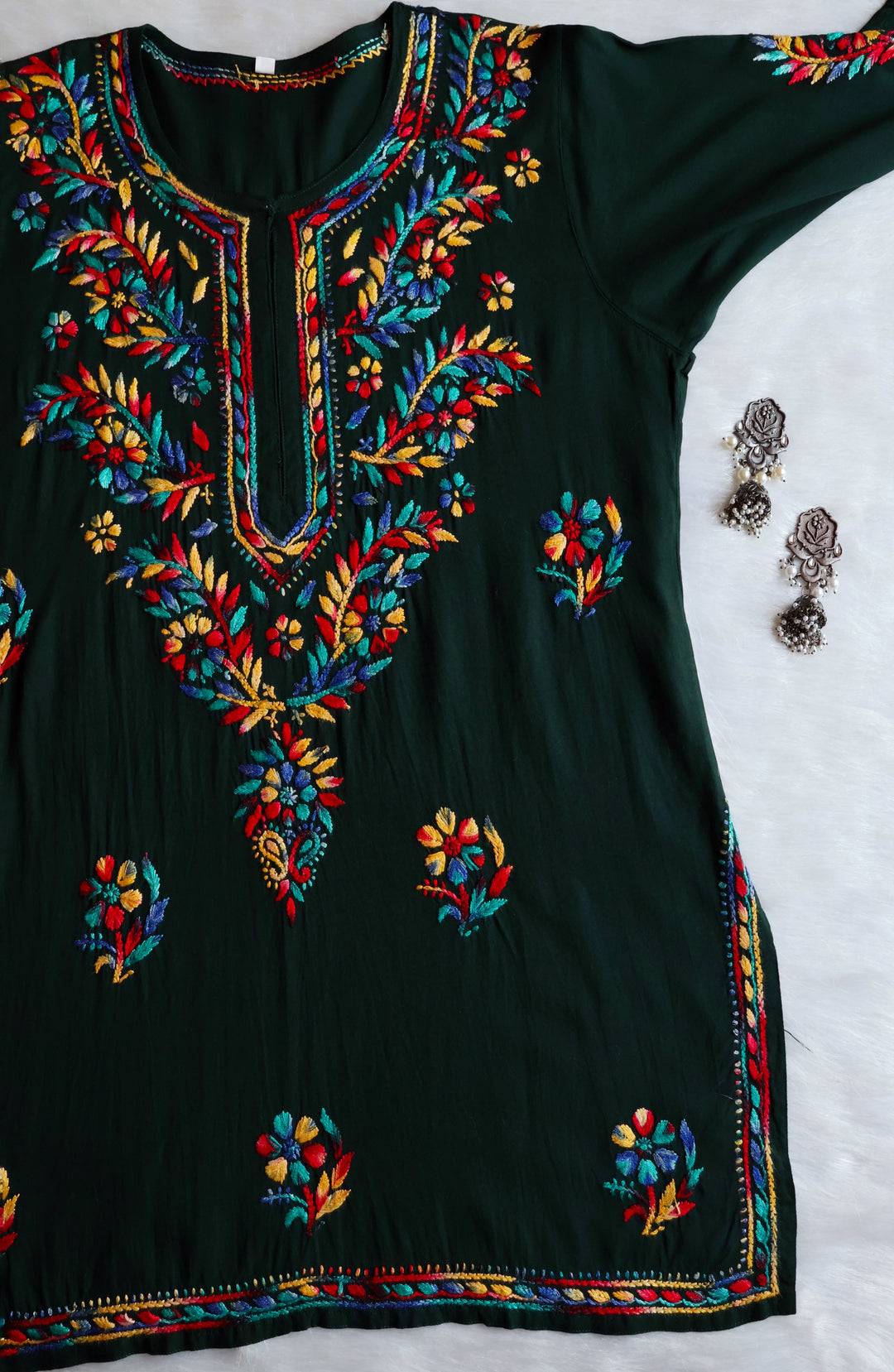 Maaham Deep Green & Multicoloured Short Rayon Kurta