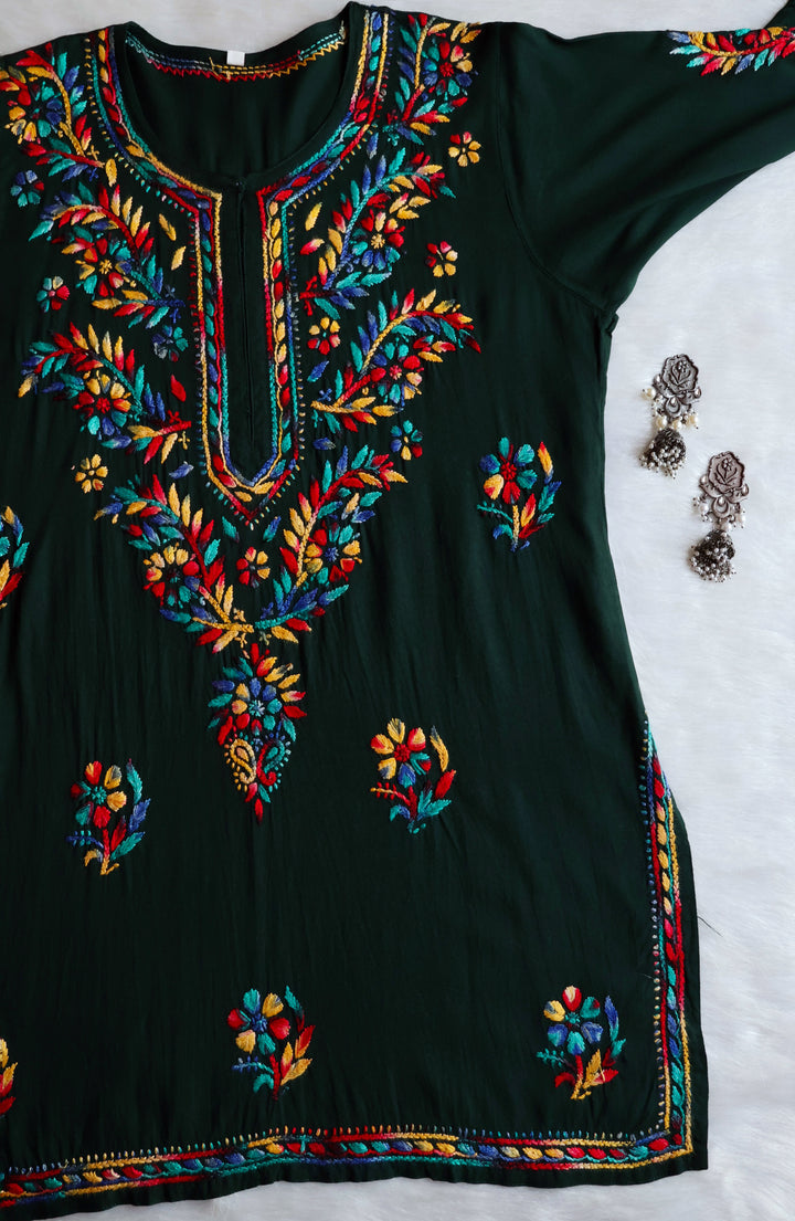 Maaham Deep Green & Multicoloured Short Rayon Kurta