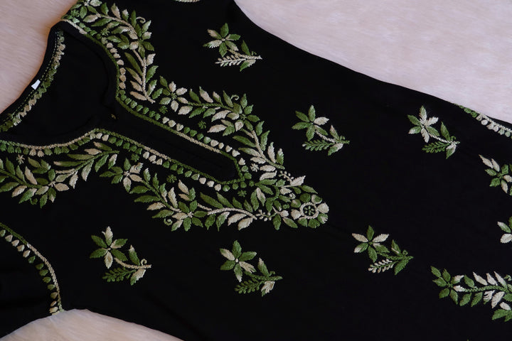 Maaham Black & Olive Green Short Rayon Kurta - Noor Chikankari