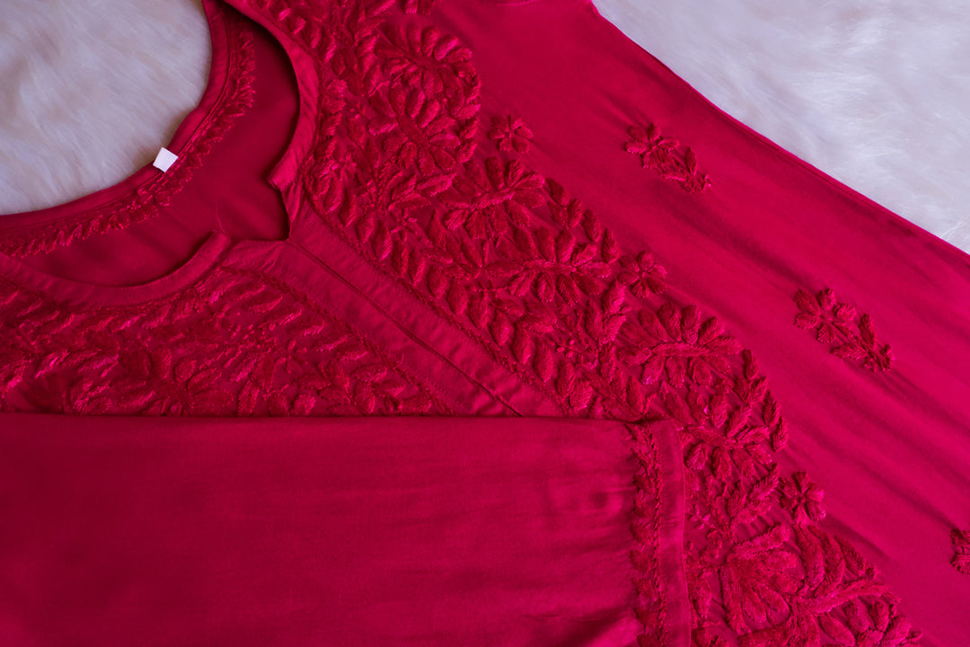 Amirah Deep Pink Ombre Long Rayon Kurta - Noor Chikankari