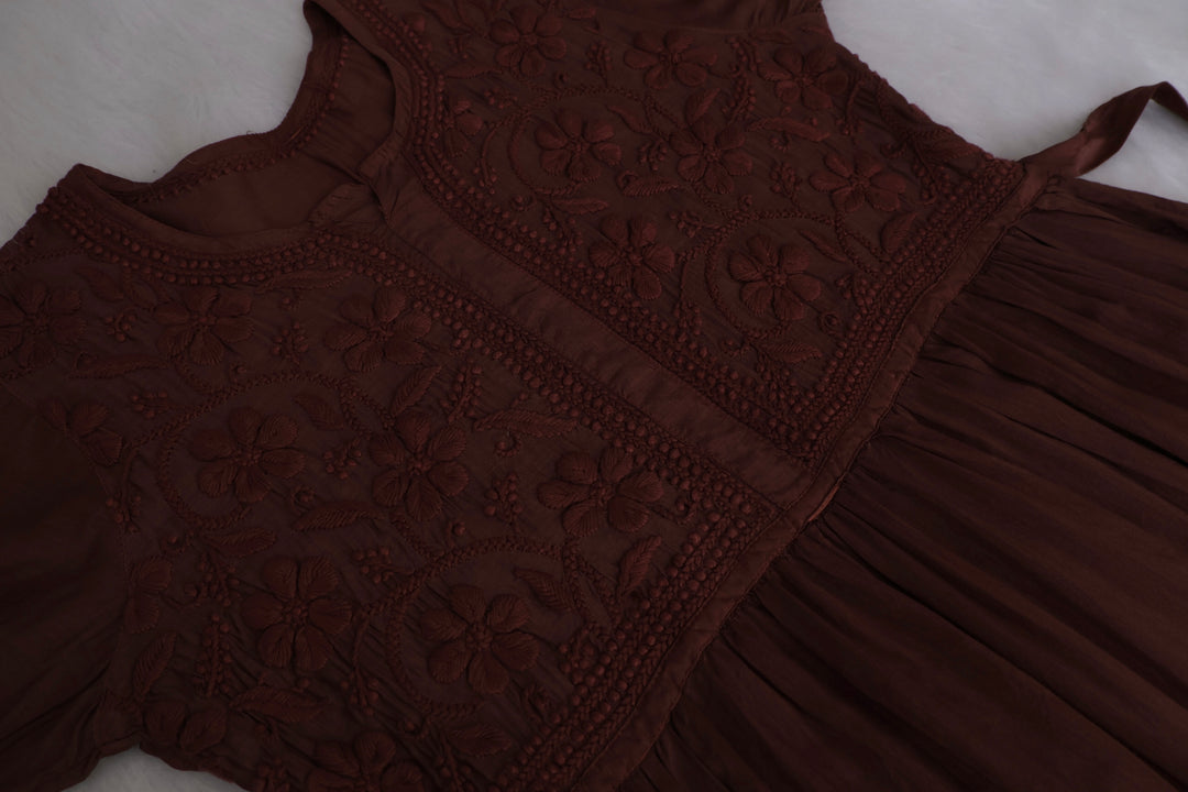 Aafiyat Pure Muslin Chocolate Brown Chikankari Fit and Flare dress