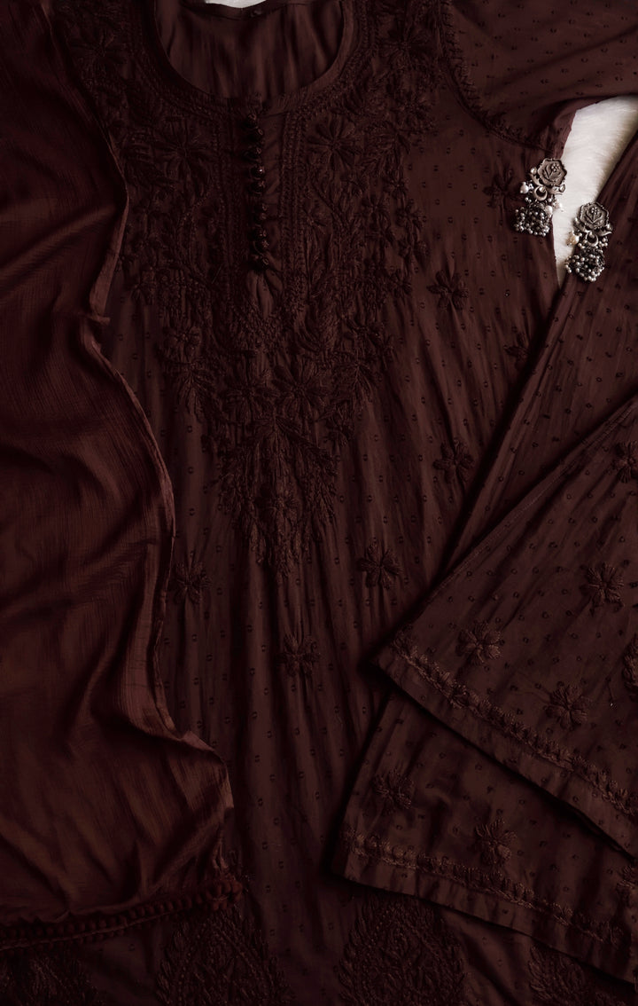 Nazakat Chocolate Brown 3 Piece Cotton Kurta set