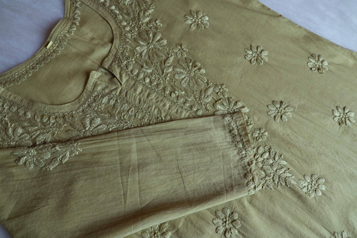 Nazakat Olive Green Cotton short kurta