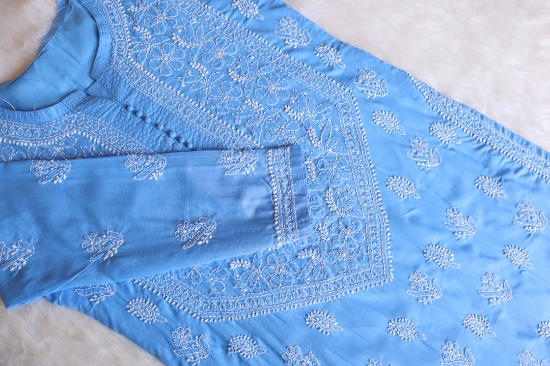 Zahrah Ice Blue Cotton Mulmul long kurta