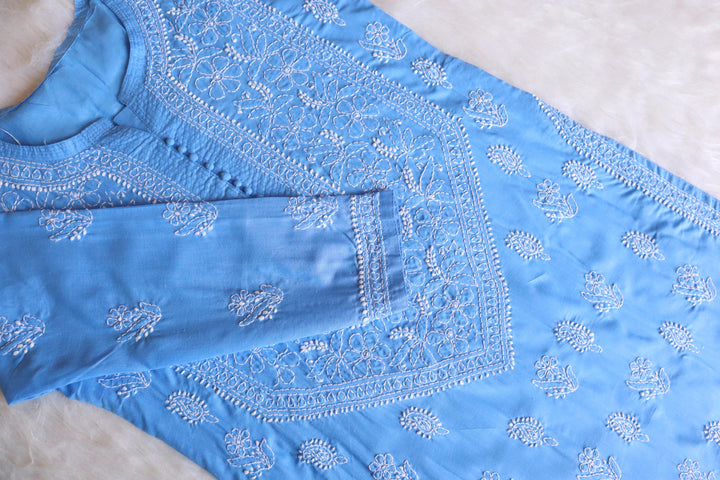 Zahrah Ice Blue Cotton Mulmul long kurta
