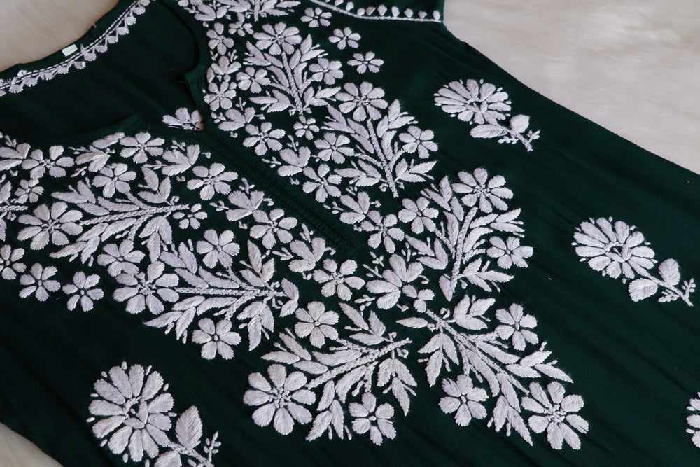 Zahrah Deep Green Long Modal Kurta - Noor Chikankari