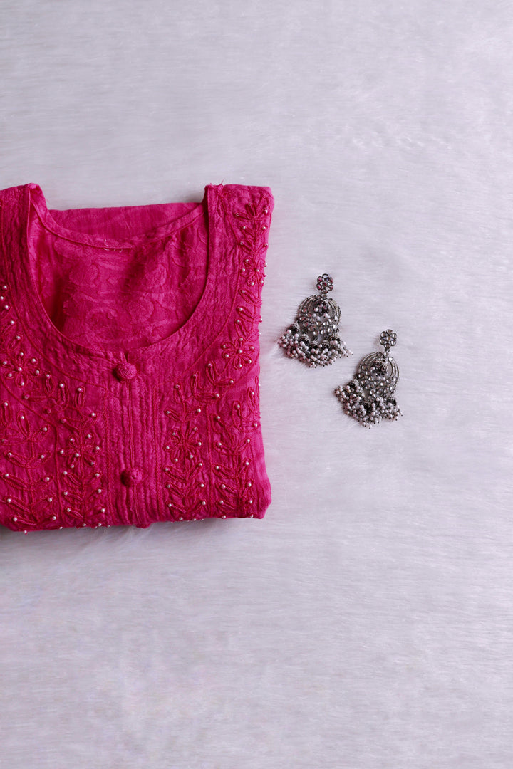 Deep Pink Long Cotton Jacquard Pearl kurta