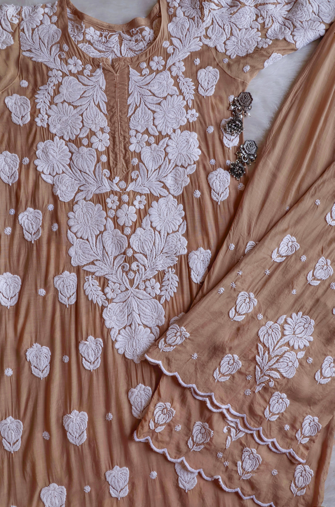 Noor Beige 10D Pure Muslin Scalloped Kurta Set