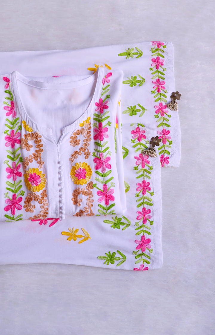 Anah White & Rose Pink Rayon Kurta Pant set