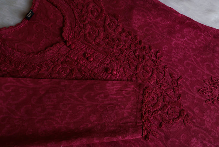 Maroon Long Jacquard Lace Cotton kurta