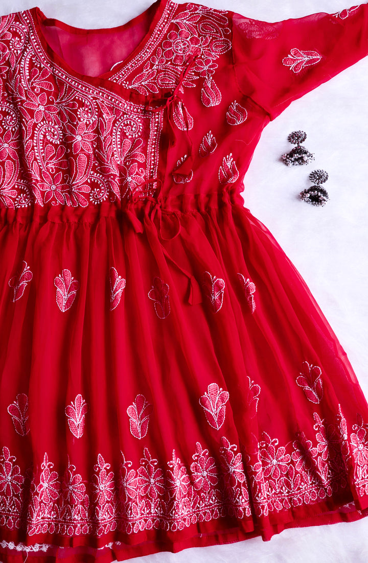 Red & White Georgette Angrakha frock