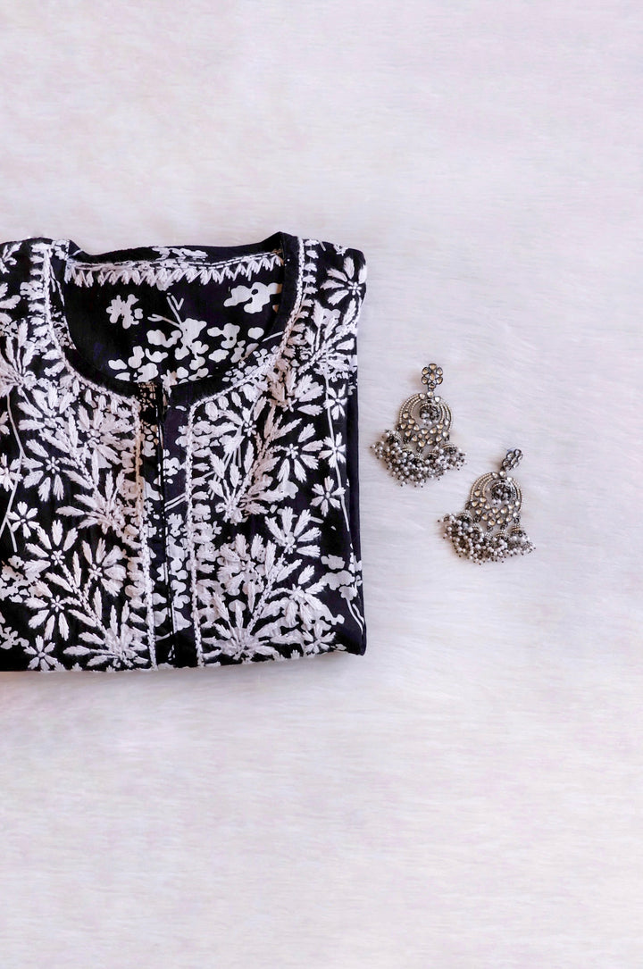 Farhaa Black Floral Long MulMul kurta