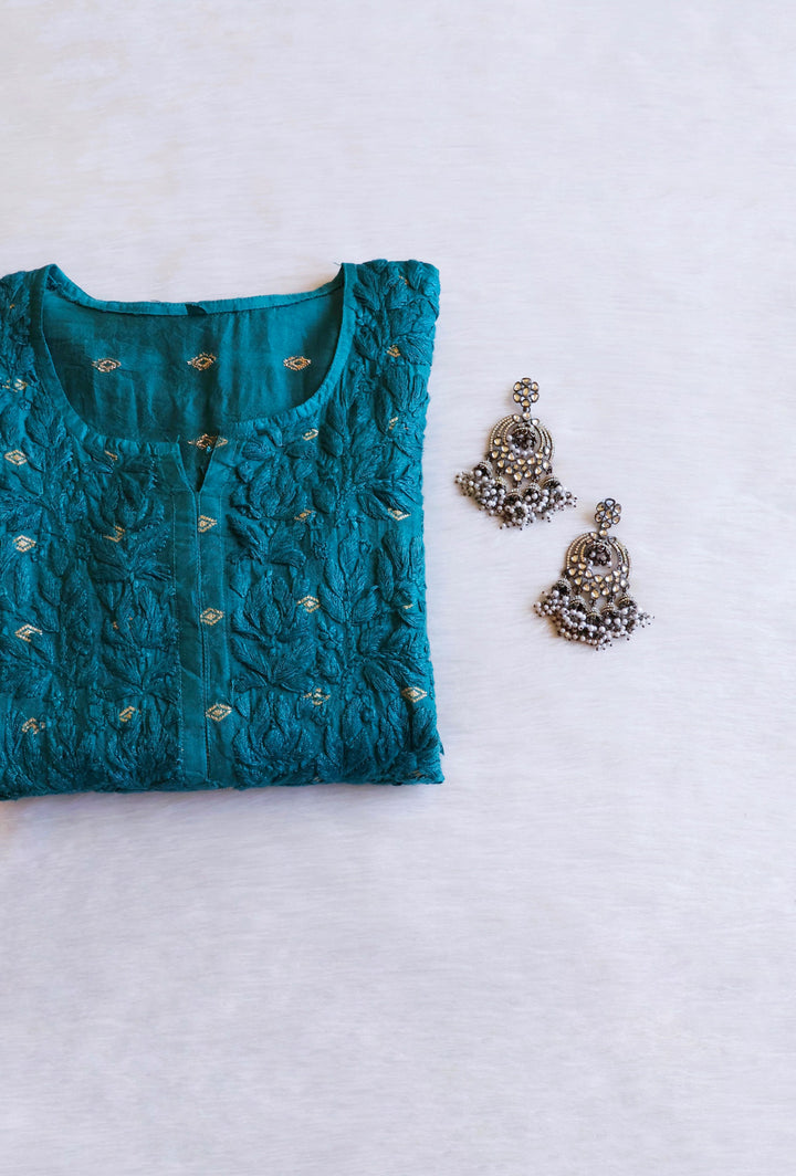 Nazakat Sea Blue Long Chanderi Kurta