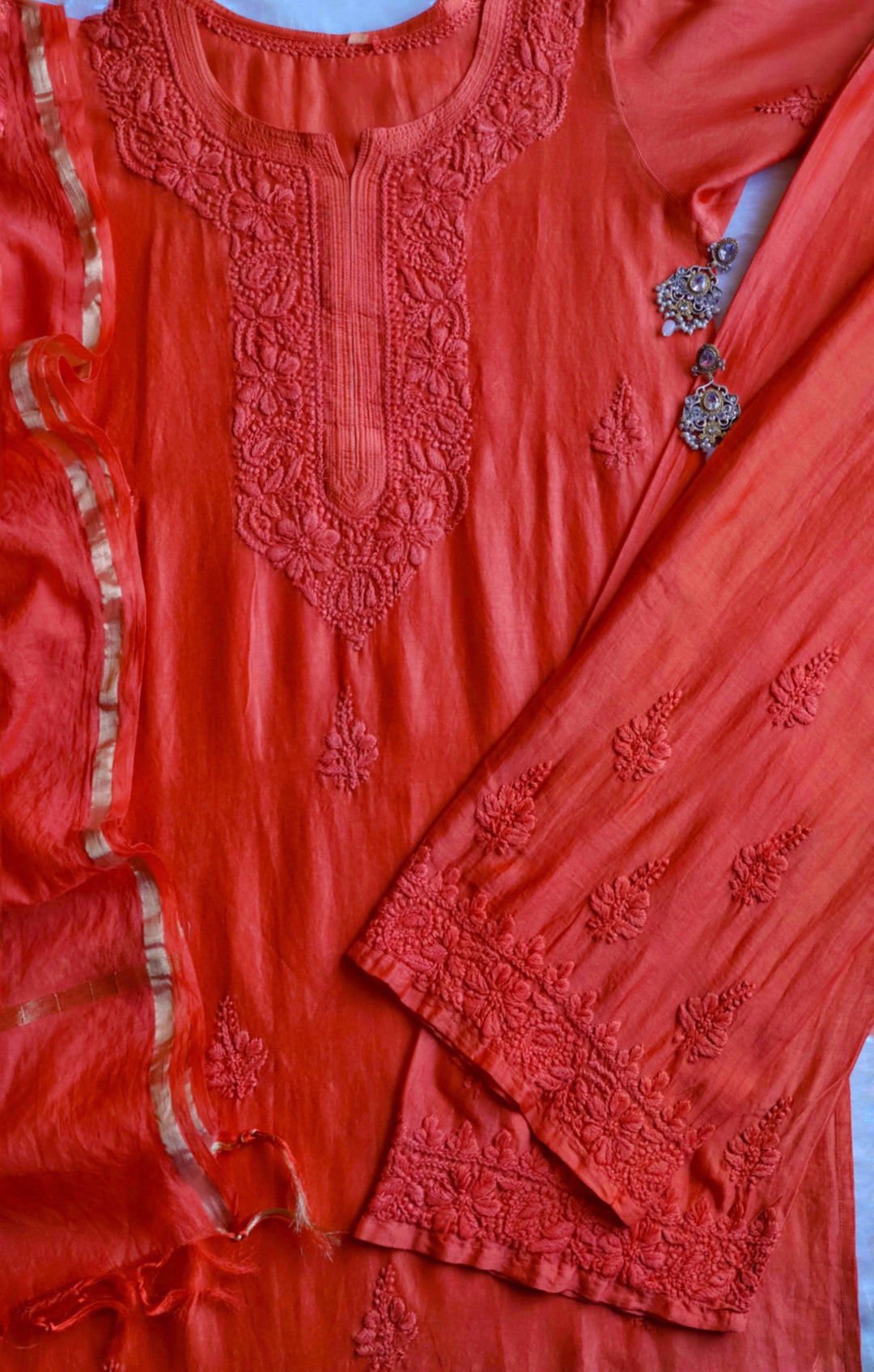 Zimra Luxe Rust 3 Piece Pure Chanderi set
