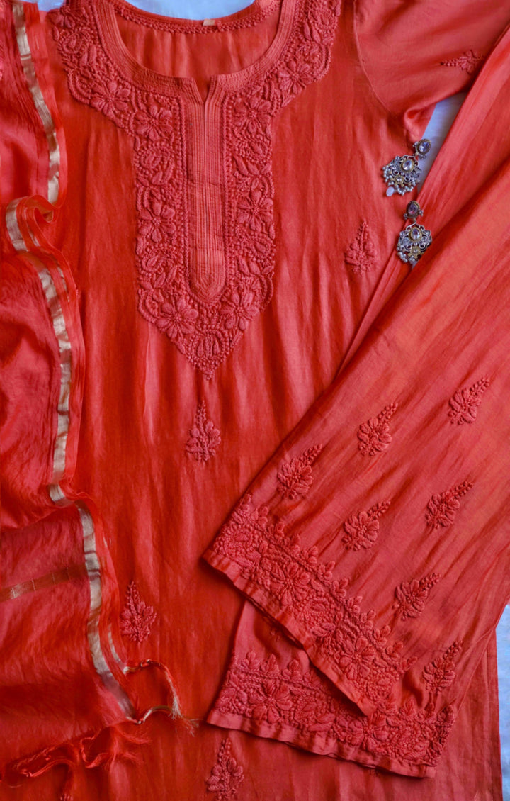 Zimra Luxe Rust 3 Piece Pure Chanderi set